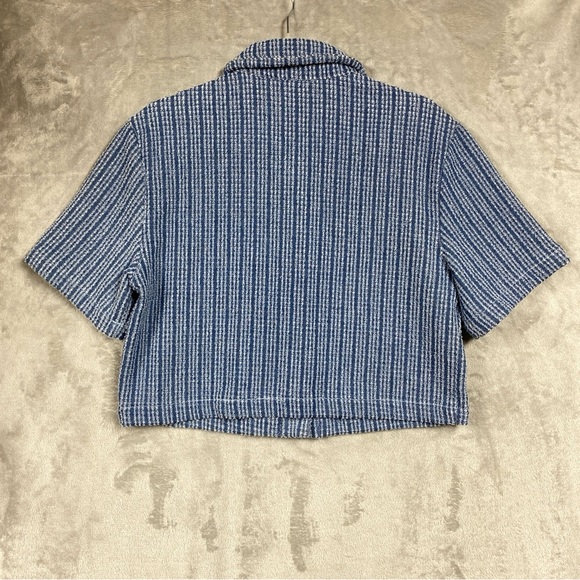 House of Harlow Cropped Nubbly Short Sleeve Jacket Accent Pearl Button Sz M Blue - Picture 3 of 7